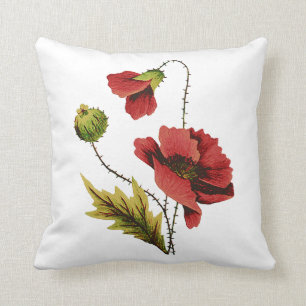 Faux Embroidery Red Poppies Pillow Kudde
