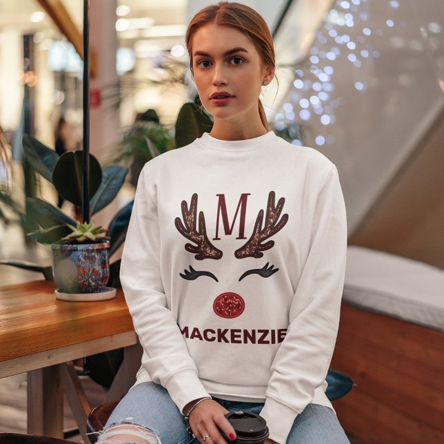 Faux Embroidery Womens Reindeer Julafton Monogram  T Shirt (Skapare uppladdad)
