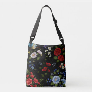 Faux Embroized Red & Blåa blommor Tote Bag Axelväska