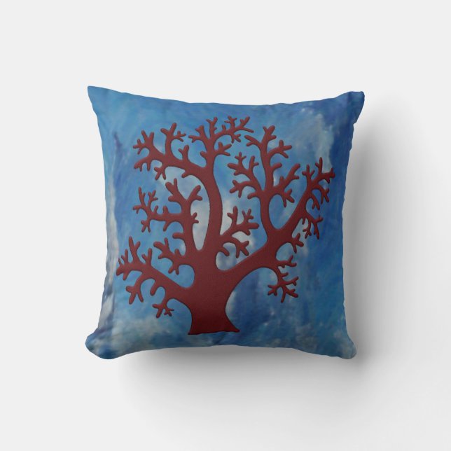 Faux Embroized Red Coral på Blue Abstrakt Kudde (Framsida)