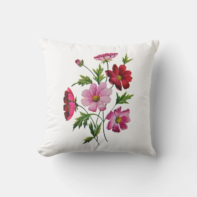 Faux Embroized Rosa and Red Flowers Pillow Kudde (Framsida)