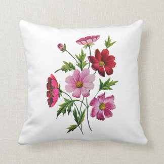 Faux Embroized Rosa and Red Flowers Pillow Kudde