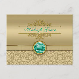 Faux Emerald Gemstone Metallic Shiny Guld Damask Vykort