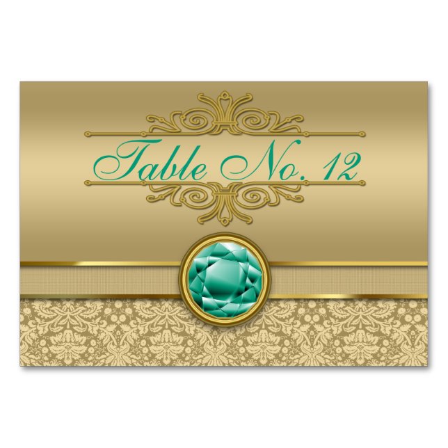 Faux Emerald Grönt Gemstone Metallic Guld Damask Bordsnummer (Framsidan)