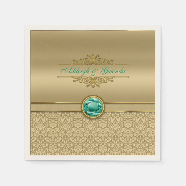 Faux Emerald Grönt Gemstone Metallic Guld Damask Pappersservett (Framsidan)