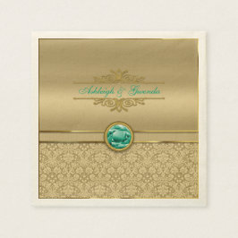 Faux Emerald Grönt Gemstone Metallic Guld Damask Pappersservett