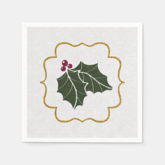 Faux Felt and Gold Glitter Holly Leaves Berries Pappersservett