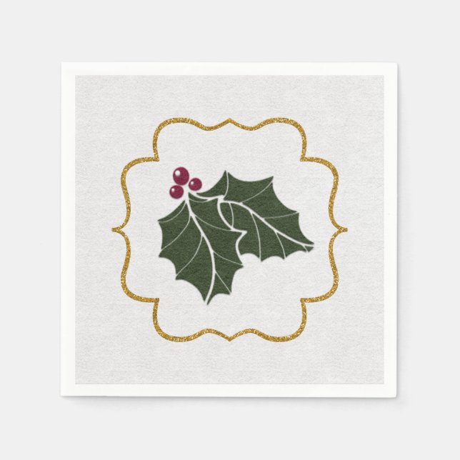 Faux Felt and Gold Glitter Holly Leaves Berries Pappersservett (Framsidan)