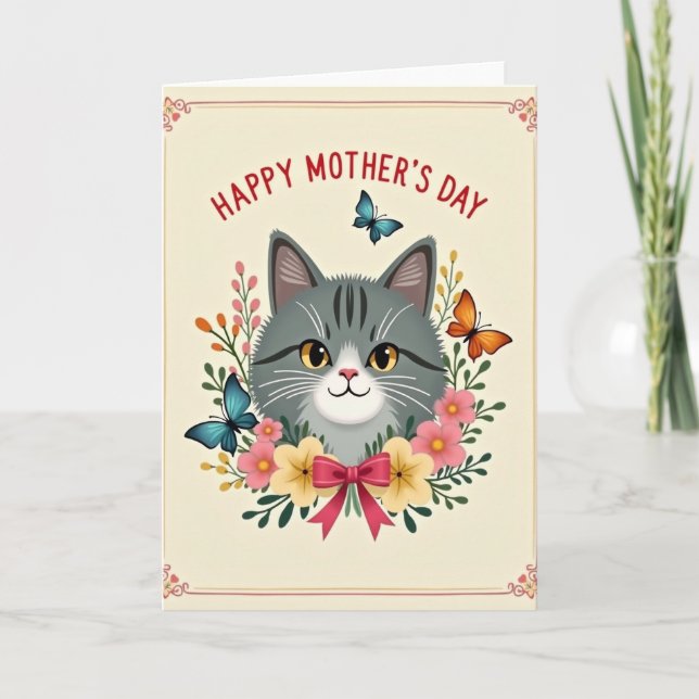 Faux Foil Cat Mothers Day Card Kort (Framsida)