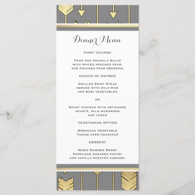 Faux Foil Golden Arrows Grått Slim Dinner Menu Meny (Framsida)