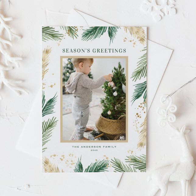 Faux Foil Gräs Nål Photo Season hälsningar Vykort (Green Watercolor and Faux Gold Foil Pine Needles Photo Season's Greetings Holiday Postcard)
