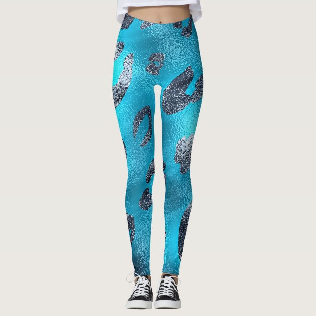 Faux Foil Shiny look Silver & Blue Leopard Print Leggings (Framsida)