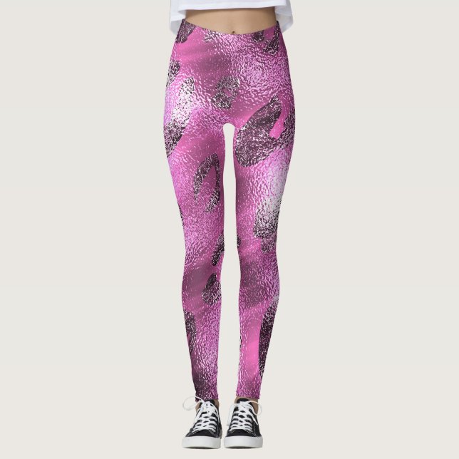 Faux Foil Shiny Se Silver & Rosa Leopard Skriv ut Leggings (Framsida)