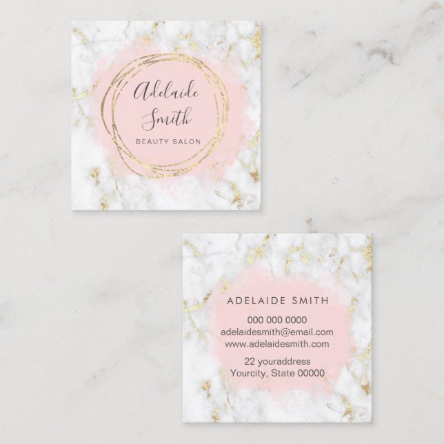 FAUX-folie, rosa, vattenfärg på marmor Fyrkantigt Visitkort (Fram/baksida)