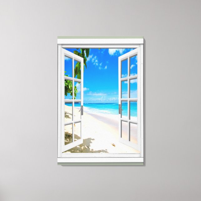 Faux-fönster i Tropical Beach Ocean View Canvastryck (Framsida)