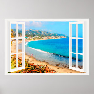 Faux-fönster med Beach Ocean Poster