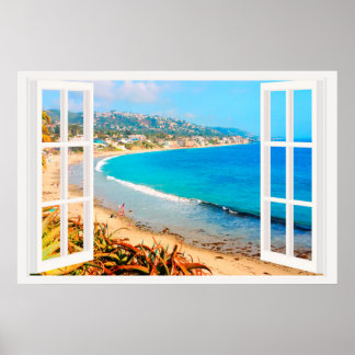 Faux-fönster med Beach Ocean Poster