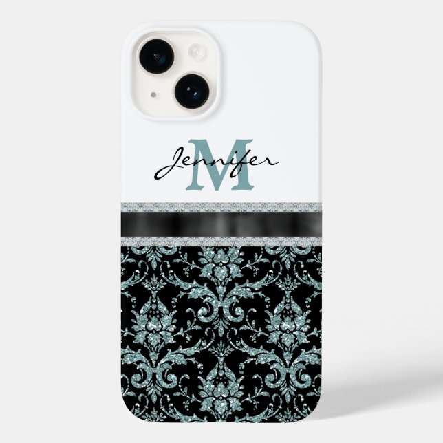 Faux Glitter Aqua Damask Monogram (Baksida)