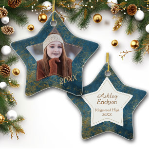 Faux Glitter Blue Stone Ram Student Photo Julgransprydnad Keramik