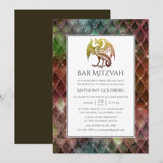 Faux Glitter Dragon themed Pub Mitzvah Inbjudningar (Fram/baksida)