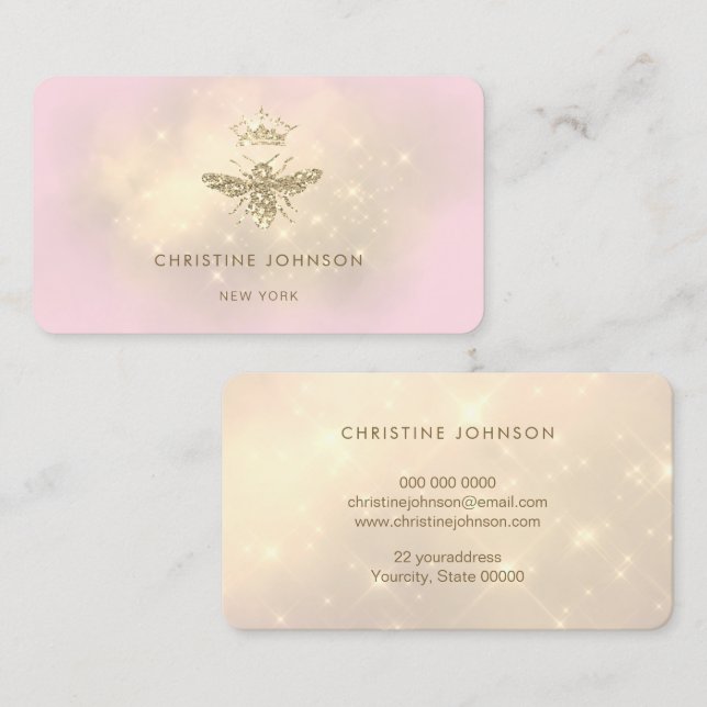 faux glitter drottbee på rosa visitkort (Fram/baksida)