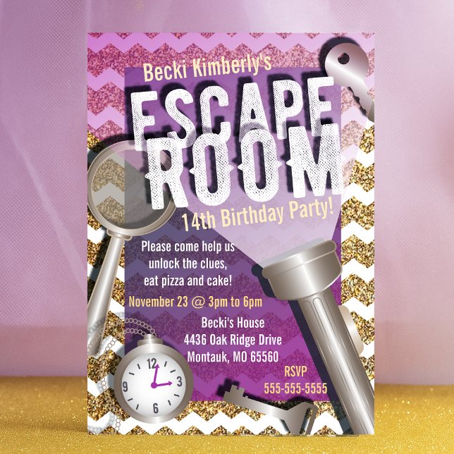 Faux Glitter Escape Room Party-inbjudningar Inbjudningar (Glitter Escape Room Party Invitations)