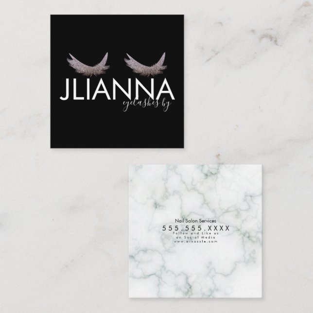 Faux Glitter Eyelash Salon Black White Fyrkantigt Visitkort (Fram/baksida)
