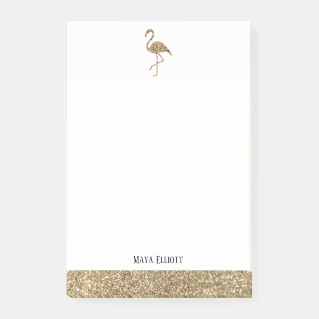 Faux Glitter Guld och White Flamingo & Gräns Post-it Block (Framsida)