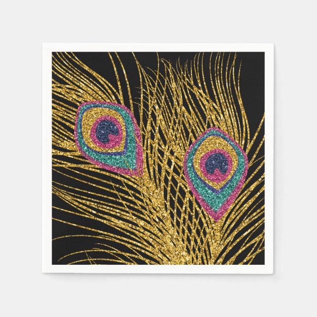 Faux Glitter Guld Peacock Feathers Pappersservett (Framsidan)