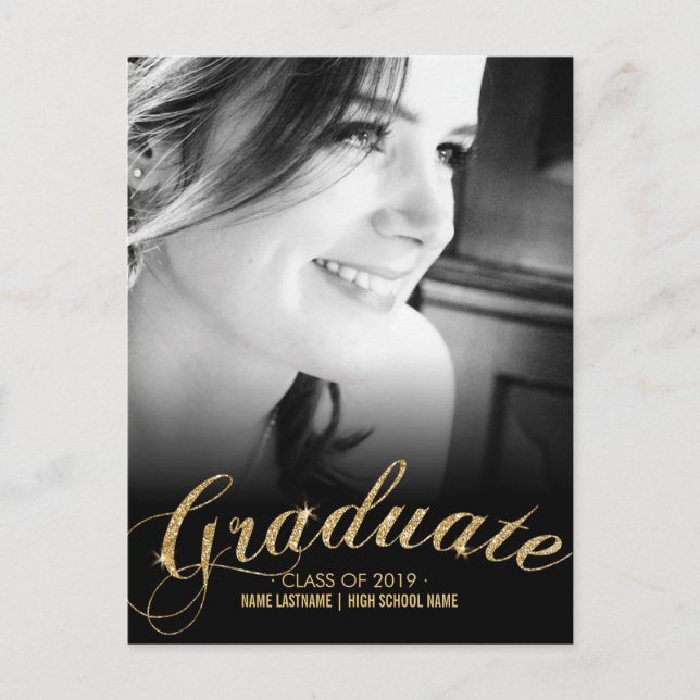 Faux Glitter Guld Student-fotovykort Inbjudan Vykort (Framsida)