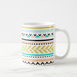 Faux Glitter Guld, Turquise, Coral Aztec Mönster Kaffemugg