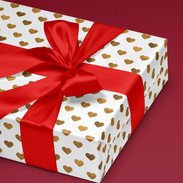 Faux Glitter Heart Patterned Guld Wrapping Papper Presentpapper (pattern of small faux gold glitter hearts on white for wrapping a special gift for a loved one)