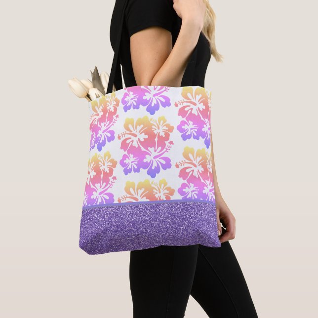 Faux Glitter och Tropical Flower Tote Bag Tygkasse (Närbild)