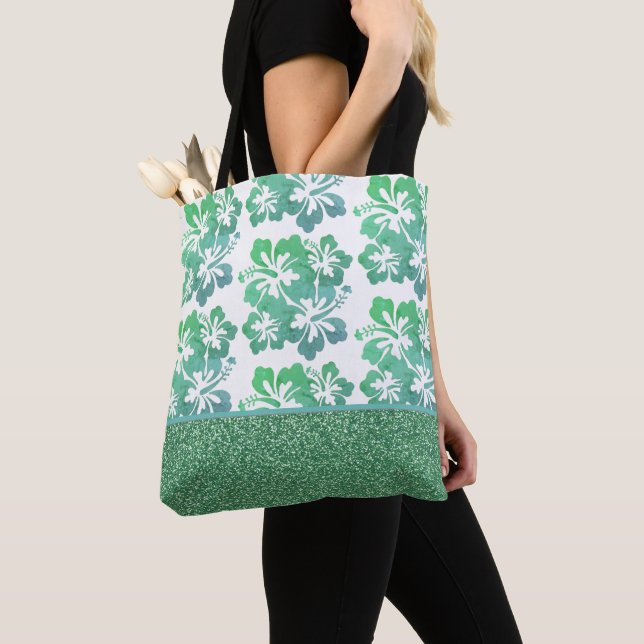 Faux Glitter och Tropical Flower Tote Bag Tygkasse (Närbild)