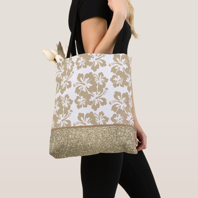 Faux Glitter och Tropical Flower Tote Bag Tygkasse (Närbild)