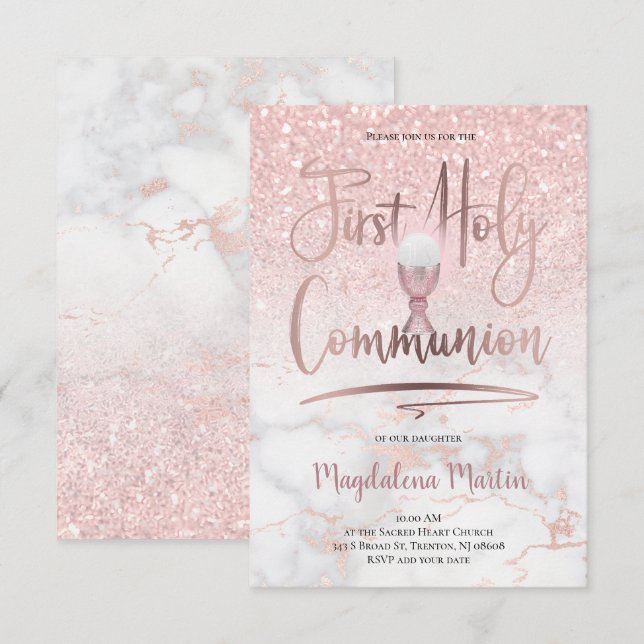 Faux glitter om rosa marble First Heliga Communion Inbjudningar (Fram/baksida)