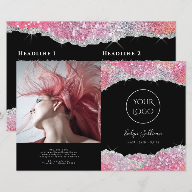 Faux glitter rosa, bifold brochure (Fram/baksida)
