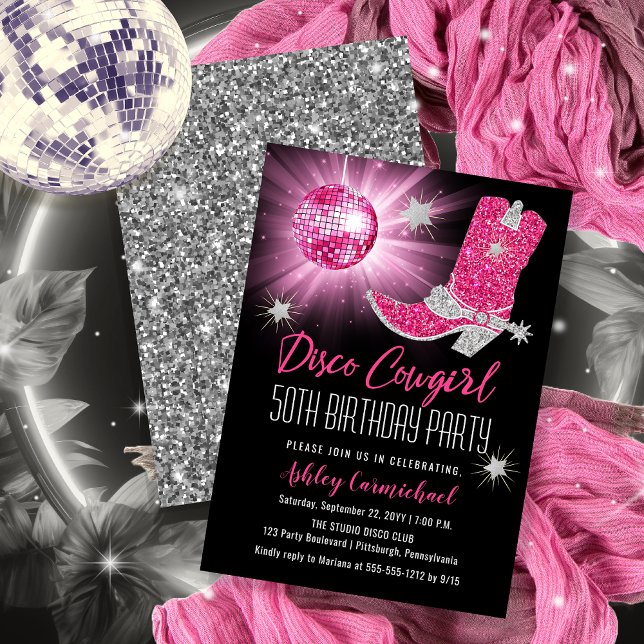 Faux Glitter Rosa Disco Cowgirl 50 Födelsedagsfest Inbjudningar (Disco Cowgirl 50th Birthday Party Invitations -- Print and/or Download)