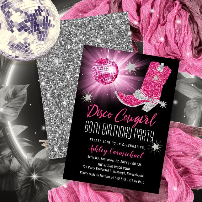 Faux Glitter Rosa Disco Cowgirl 60 Födelsedagsfest Inbjudningar (Disco Cowgirl 60th Birthday Party Invitations -- Print and/or Download)