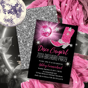 Faux Glitter Rosa Disco Cowgirl 70 Födelsedagsfest Inbjudningar