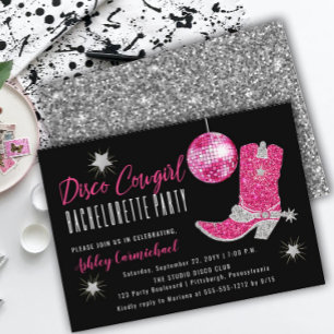 Faux Glitter Rosa Disco Cowgirl Bachelorette Party Inbjudningar
