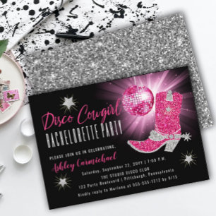 Faux Glitter Rosa Disco Cowgirl Bachelorette Party Inbjudningar