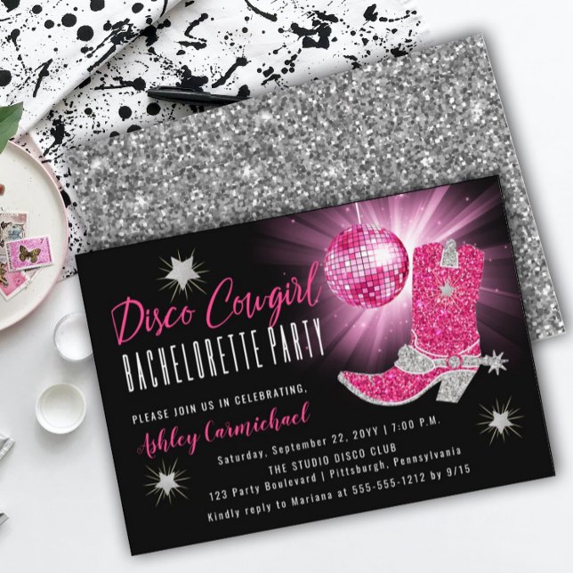 Faux Glitter Rosa Disco Cowgirl Bachelorette Party Inbjudningar (Skapare uppladdad)
