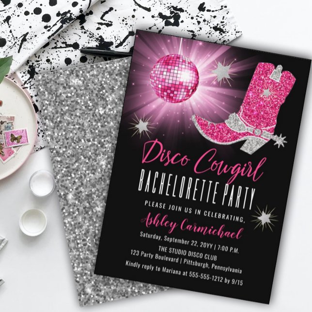 Faux Glitter Rosa Disco Cowgirl Bachelorette Party Inbjudningar (Skapare uppladdad)