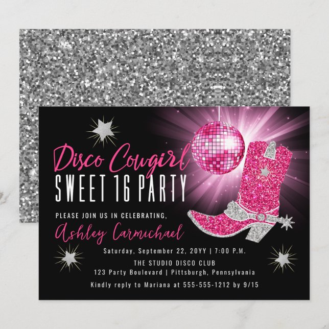 Faux Glitter Rosa Disco Cowgirl Sweet 16 Party Inbjudningar (Fram/baksida)