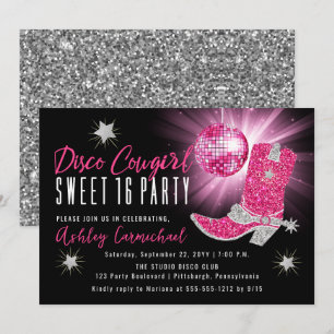 Faux Glitter Rosa Disco Cowgirl Sweet 16 Party Inbjudningar