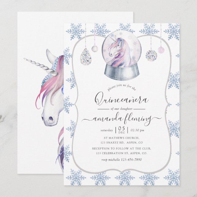 Faux Glitter Unicorn Winter Wonderland Quinceañera Inbjudningar (Fram/baksida)