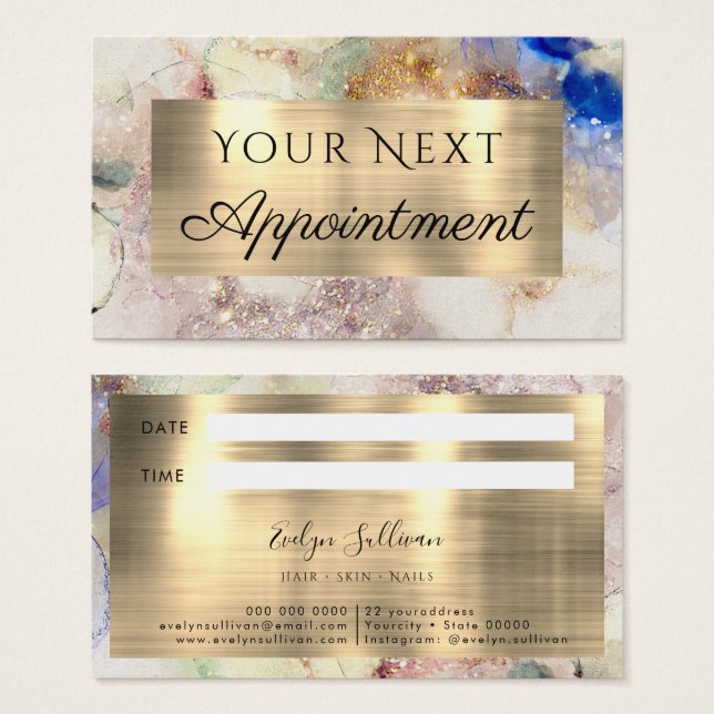 Faux glitter, vattenfärg och guldolja visitkort (Framsida & baksida)