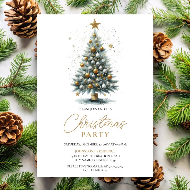 Faux Glittering Watercolor Julgran Inbjudningar (Elegant and simple faux glitter Christmas tree party invitation front view.)