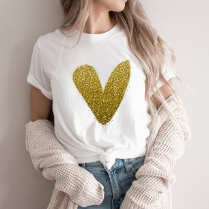 Faux Glittery Guld Heart Chic T Shirt